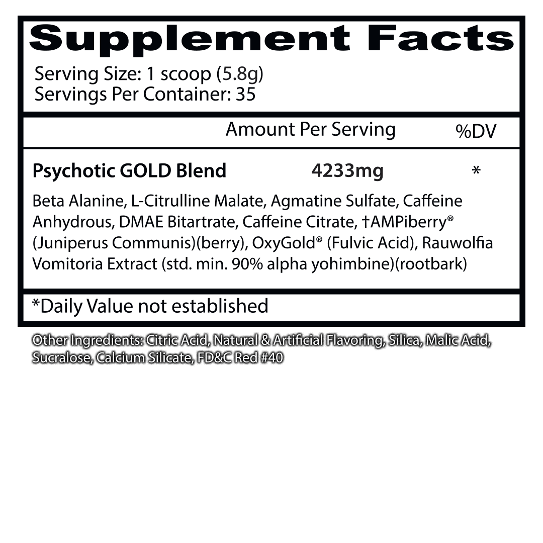 Insane Labz Psychotic Gold - Tabla de Supplement Facts oficial