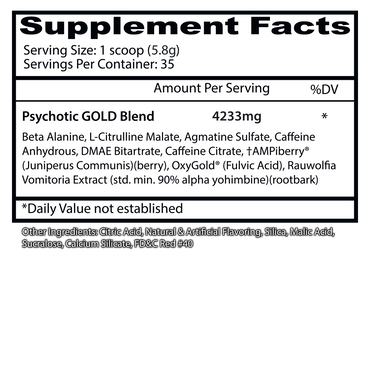 Insane Labz Psychotic Gold - Tabla de Supplement Facts oficial