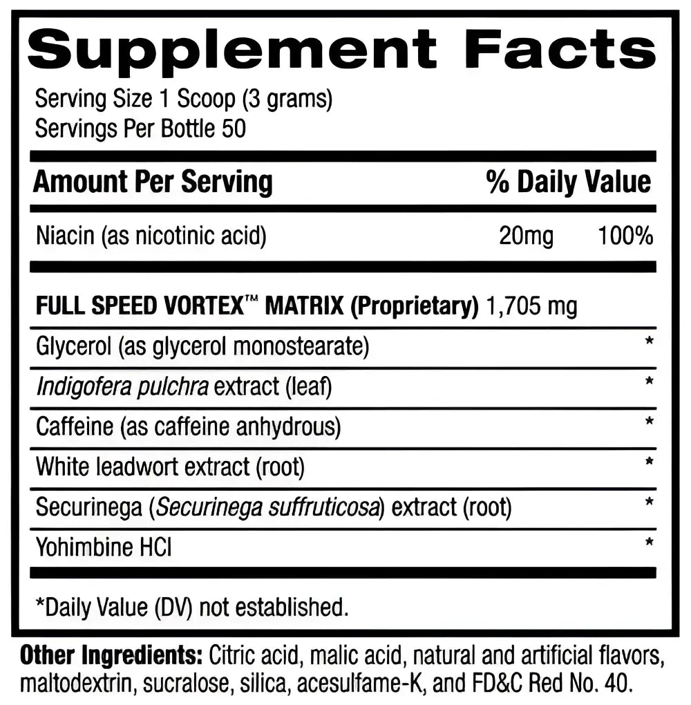 Etiqueta trasera del suplemento bpi sports 1 m.r vortex pre entreno con ingredientes como niacina y cafeína