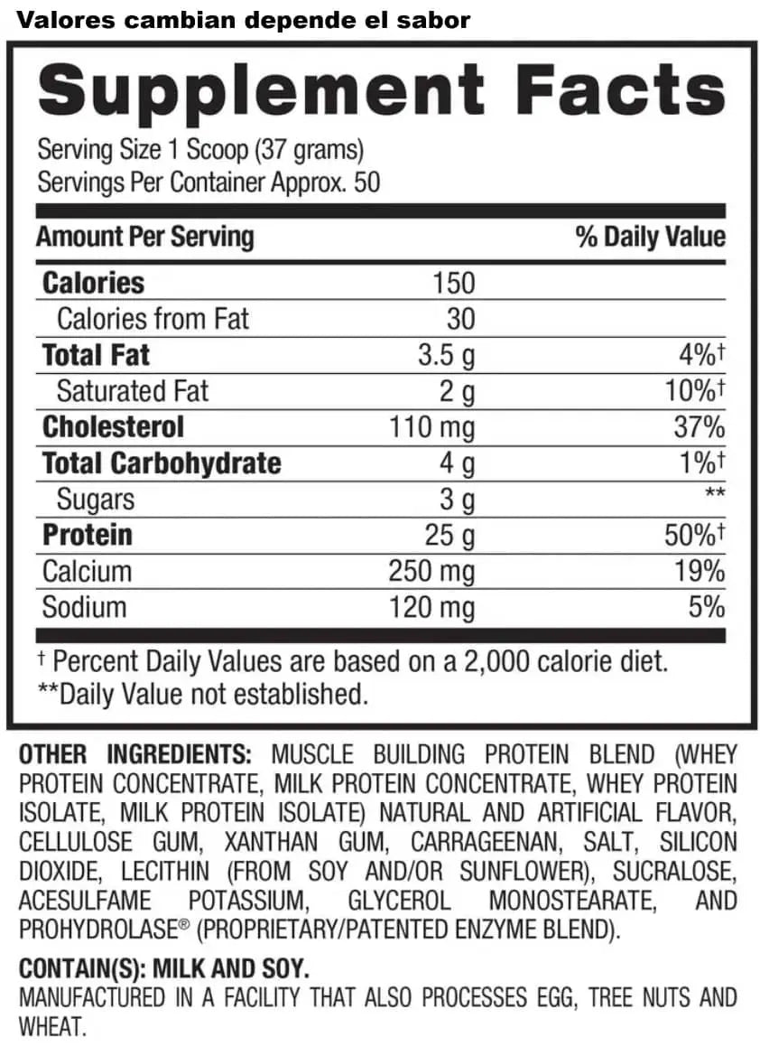 Etiqueta de la parte trasera del suplemento BPI Sports Whey HD con datos nutricionales para desarrollo muscular