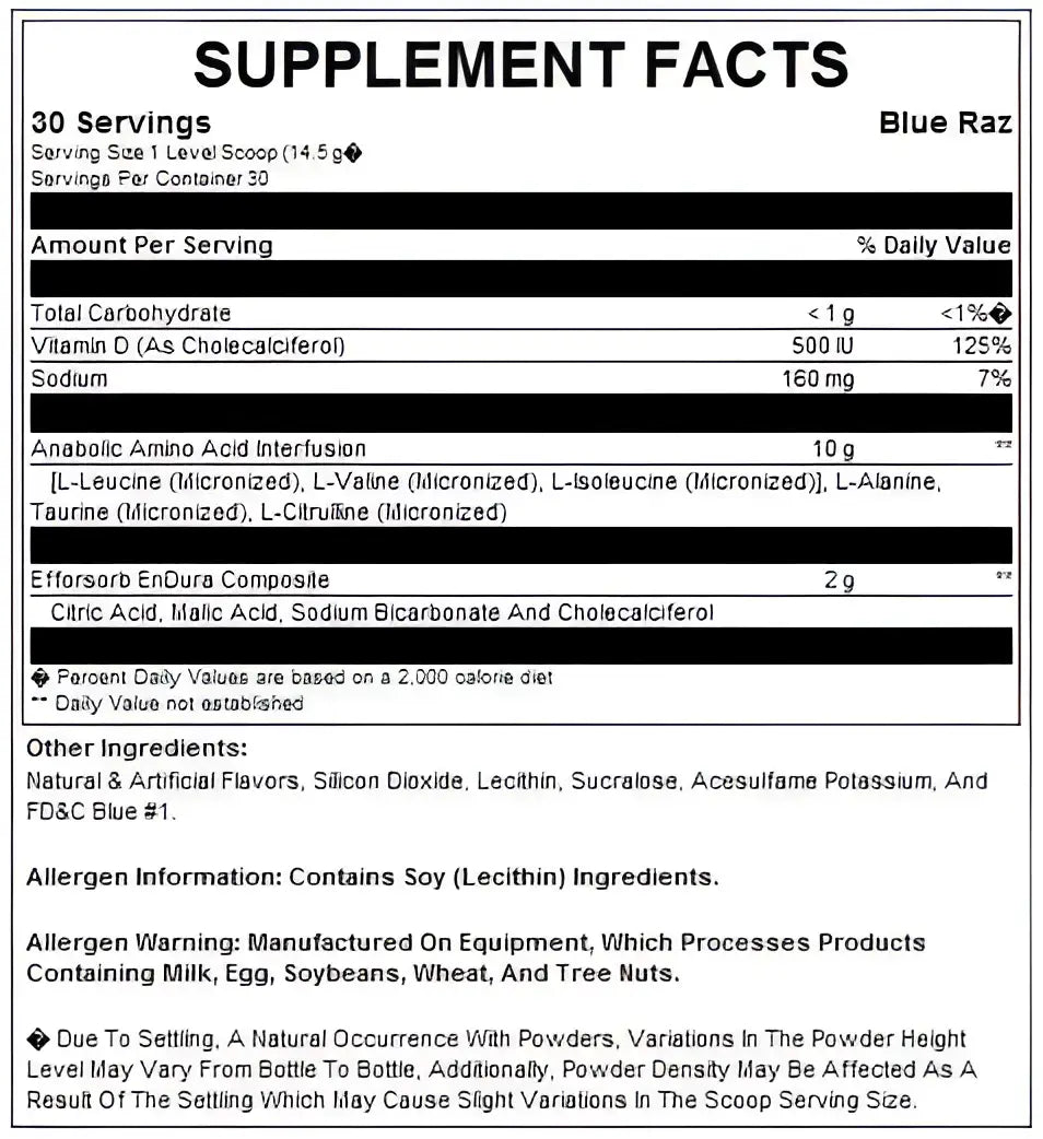 Etiqueta posterior del suplemento bsn amino x azul con información de aminoácidos esenciales vitaminas sodio y alérgenos