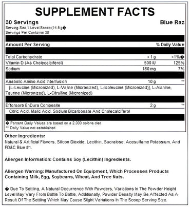 Etiqueta posterior del suplemento bsn amino x azul con información de aminoácidos esenciales vitaminas sodio y alérgenos