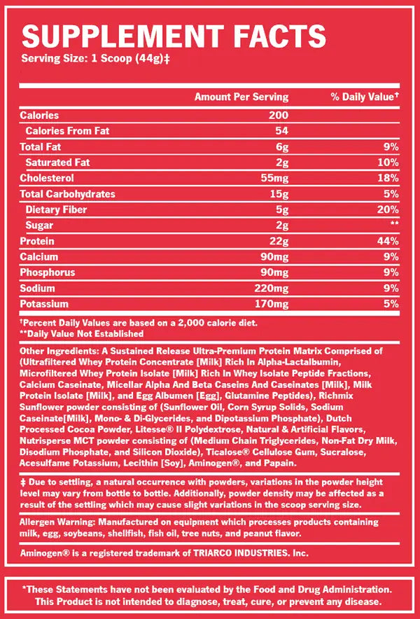 Etiqueta roja del lado posterior de bsn syntha 6 proteína ultra premium con información nutricional e ingredientes en texto blanco