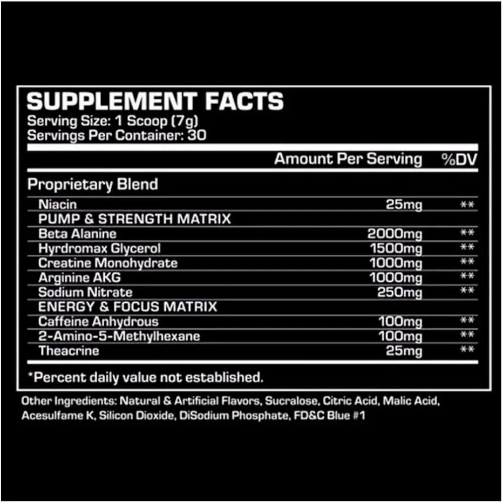 Etiqueta en blanco y negro del suplemento dragon pharma mr veginz pre entreno con ingredientes beta alanina creatina cafeína y theacrina
