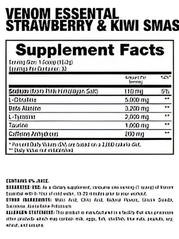 Dragon Pharma Venom essential suplemento pre workout sabor fresa y kiwi en envase plástico transparente 1.5 oz