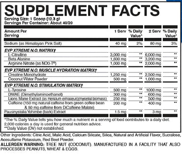 Etiqueta del suplemento evp xtreme n.o pre entreno con citrulina pura para mejorar el rendimiento deportivo