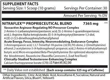 Etiqueta trasera del suplemento gat nitraflex pre con ingredientes y tamaño de porción en texto negro sobre fondo blanco para energía pre entreno