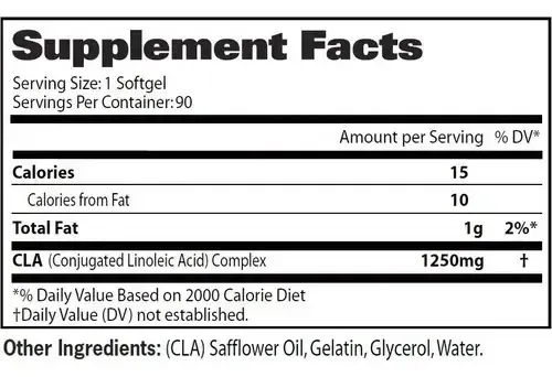 abla de información nutricional GAT Sport CLA 1250 – 1,250mg de CLA por softgel, 90 porciones, libre de estimulantes