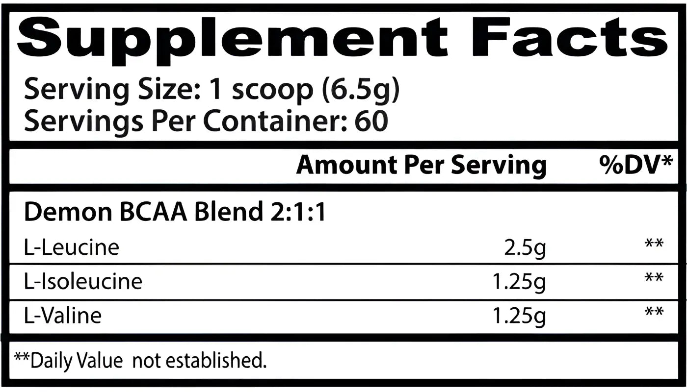 Etiqueta trasera del suplemento Insane Labz Demon bcaa 2:1:1 con información nutricional y aminoácidos esenciales