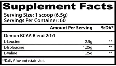 Etiqueta trasera del suplemento Insane Labz Demon bcaa 2:1:1 con información nutricional y aminoácidos esenciales