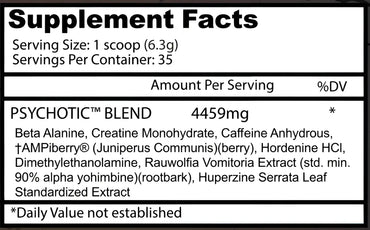 La etiqueta de hechos del suplemento de la parte posterior de insane labz psychotic muestra 4459mg por porción con creatina y enfoque mental