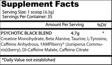 Etiqueta trasera del suplemento psychotic black pre de insane labz con ingredientes y tamaño de la porción para pre entreno