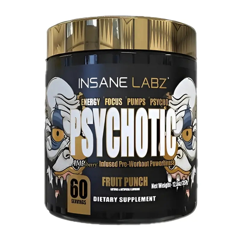 Envase cilíndrico negro con tapa y etiqueta dorada, diseño calavera, pre entreno insane labz psychotic