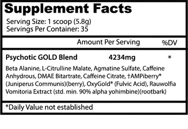 Etiqueta trasera de psicotic gold pre entreno de insane labz en diseño blanco y negro con lista detallada de ingredientes