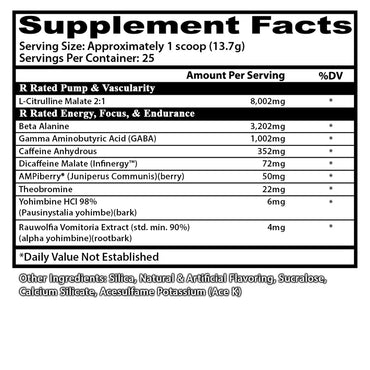 Etiqueta nutrimental de Insane Labz Psychotic R pre entreno