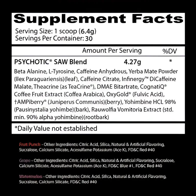 Botella con etiqueta blanca y negra de insane labz psychotic saw pre entreno con lista de ingredientes clave
