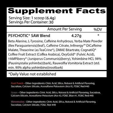 Botella con etiqueta blanca y negra de insane labz psychotic saw pre entreno con lista de ingredientes clave