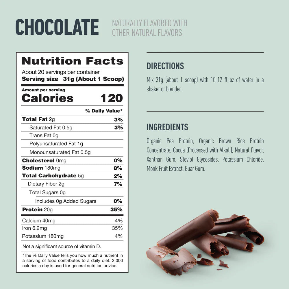 Tabla nutricional Isopure Plant Based Chocolate – 120 calorías, 20g proteína, 0g azúcar por porción de 31g