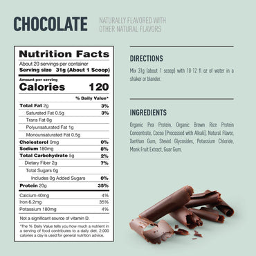 Tabla nutricional Isopure Plant Based Chocolate – 120 calorías, 20g proteína, 0g azúcar por porción de 31g