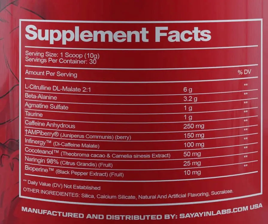 Parte trasera de kaioken x10 bote rojo con etiqueta blanca de suplemento que detalla l-citrulina beta-alanina y ampberry para pre entreno pre workout