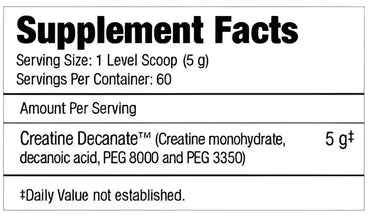 Etiqueta nutricional detallada en el reverso de Muscle Meds creatine decanate con creatina micronizada y ingredientes clave
