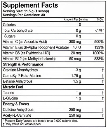 Etiqueta de ingredientes en blanco y negro del lado posterior de muscle pharm assault pre entreno con dosis altas de vitaminas y aminoácidos