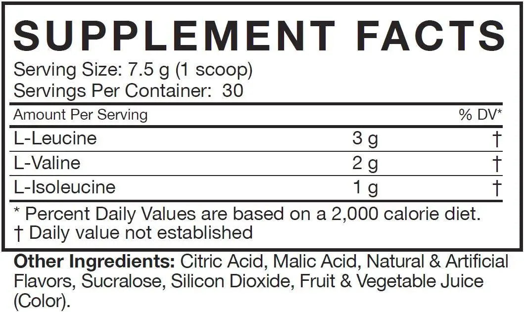 Etiqueta en blanco y negro del reverso de musclepharm bcaa aminoácidos con facts de aminoácidos esenciales por porción