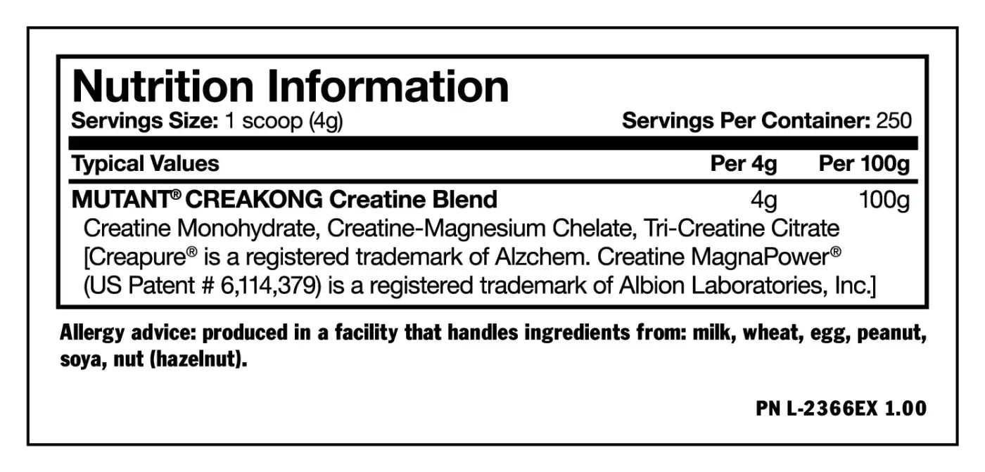 Etiqueta nutricional en blanco y negro en la parte trasera del producto mutant creakong creatina en polvo blend creakong creatina