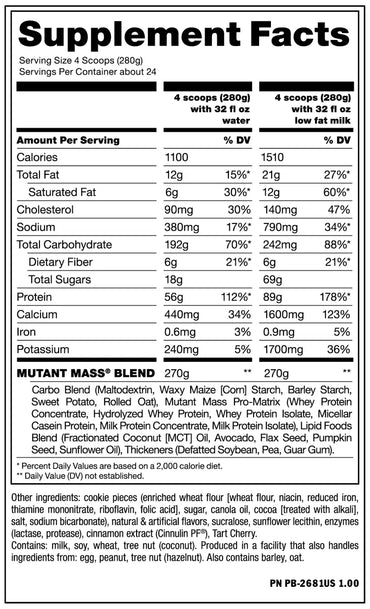 Envase blanco de mutant mass ganador con texto negro que indica tamaño de porción, calorías y nutrientes para masa muscular