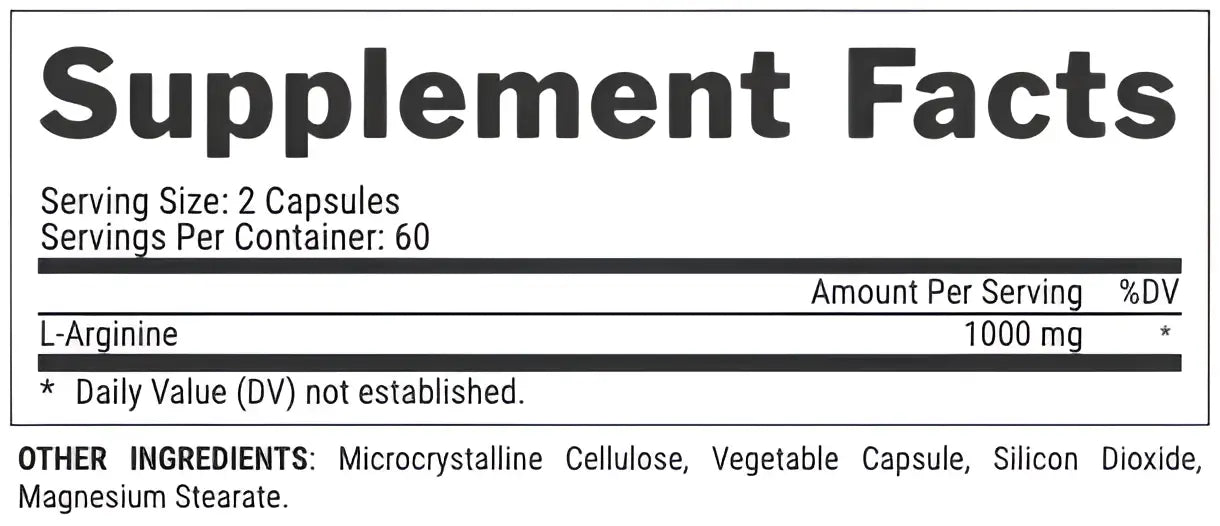 Imagen del suplemento nutrex l-arginine 1000 con etiqueta nutricional en el reverso mostrando 1000 mg de arginina por porción
