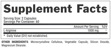 Imagen del suplemento nutrex l-arginine 1000 con etiqueta nutricional en el reverso mostrando 1000 mg de arginina por porción