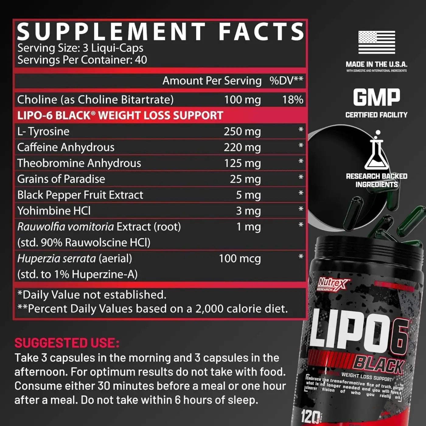Envase cilíndrico negro y rojo de nutrex lipo6 black quemador de grasa con texto blanco y plateado destacado
