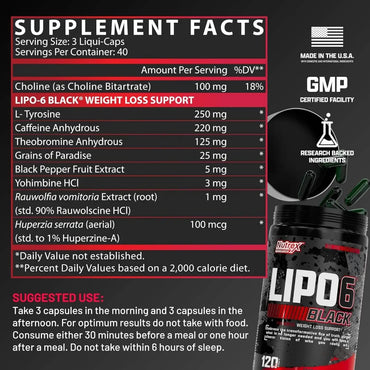 Envase cilíndrico negro y rojo de nutrex lipo6 black quemador de grasa con texto blanco y plateado destacado