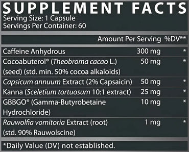 Etiqueta de suplemento lipo 6 hardcore de nutrex en papel mate negro con cafeína anhidra y cocoa butterol en el reverso