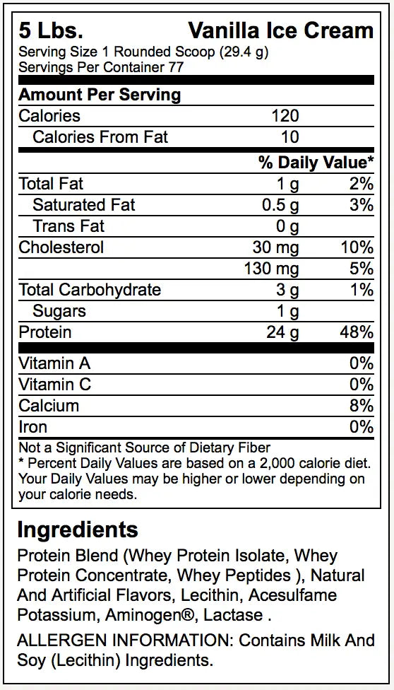 Etiqueta nutricional de helado de vainilla en la parte trasera de whey protein gold de optimum nutrition gold standard