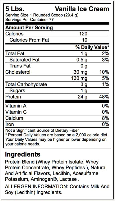Etiqueta nutricional de helado de vainilla en la parte trasera de whey protein gold de optimum nutrition gold standard