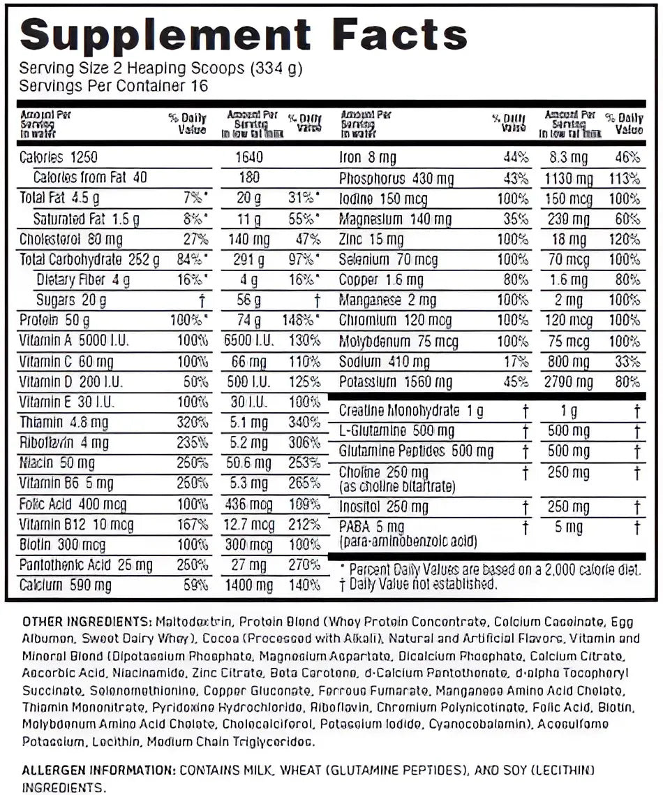 Etiqueta trasera en blanco y negro con información nutricional detallada de Optimum Nutrition Serious Mass ganador proteína en polvo