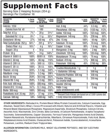 Etiqueta trasera en blanco y negro con información nutricional detallada de Optimum Nutrition Serious Mass ganador proteína en polvo