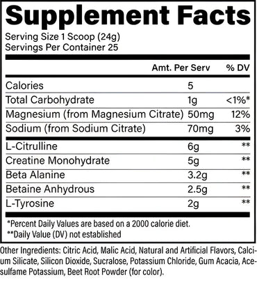 Etiqueta de suplemento en la parte trasera de raw nutrition essential performance pre entreno con l-citrulina y creatina monohidrato
