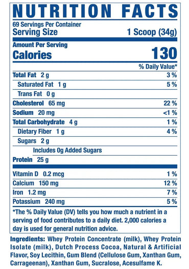 Etiqueta nutricional en el reverso de ronnie coleman king whey con 130 calorías y whey protein concentrate