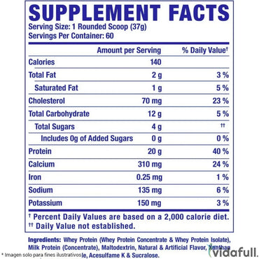 Etiqueta de información nutricional azul de ronnie coleman whey xs proteína de suero de leche en la parte trasera