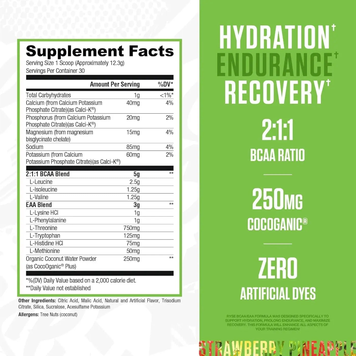 Etiqueta verde y blanca de ryse bcaa eaa en polvo para hidratación, resistencia y recuperación con bcaa 2:1:1 y 250 mg cocoganic