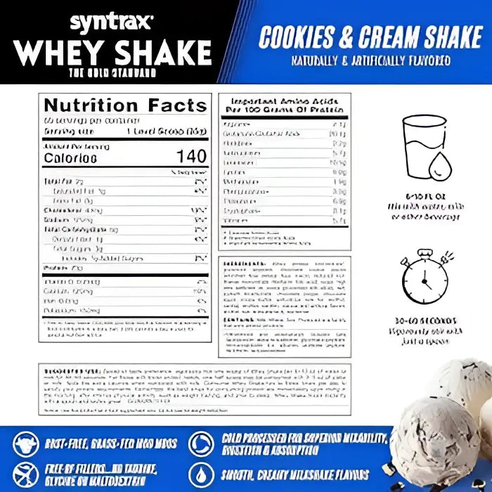 Paquete azul y blanco de proteína syntrax whey shake sabor cookies and cream con información nutricional para aumentar masa muscular