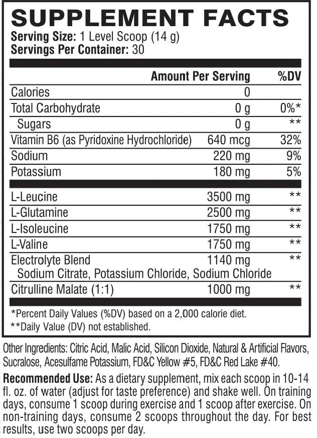 Etiqueta en blanco y negro del reverso del suplemento dietary powder xtend original 7g bcaa con b6 electrolitos y aminoácidos
