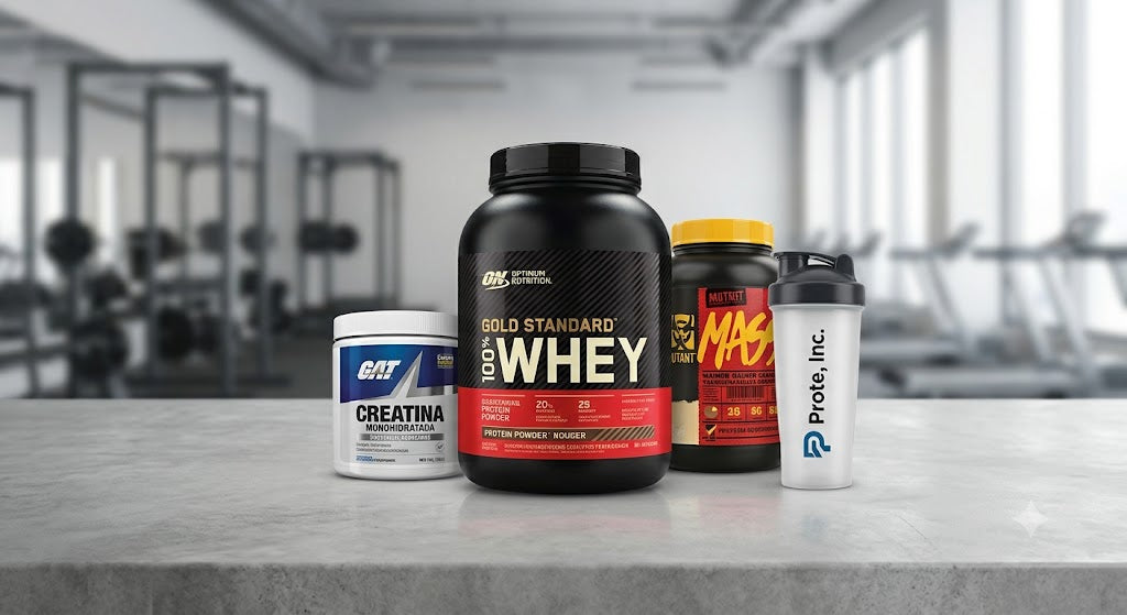 Grupo de suplementos deportivos: Optimum Nutrition Whey Protein, GAT Creatina, Mutant Mass Gainer y Shaker en el mostrador del gimnasio.