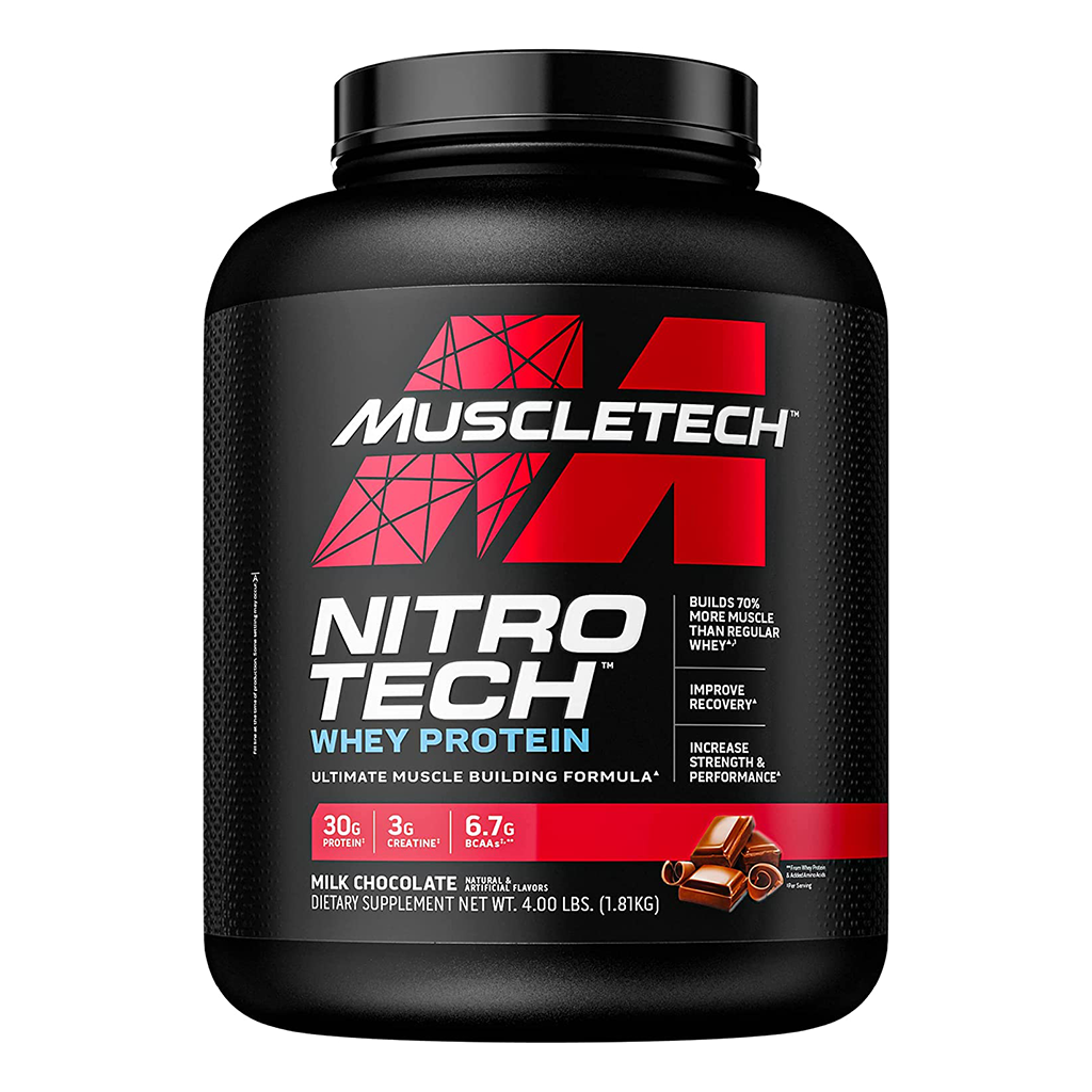 Bote de MuscleTech Nitro Tech Whey Protein sabor Milk Chocolate de 4 lbs (1.81 kg), con 30g de proteína, 3g de creatina y 6.7g de BCAAs por porción