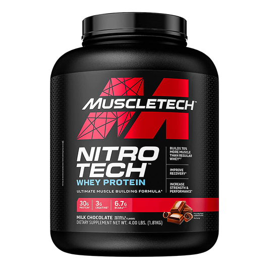 Bote de MuscleTech Nitro Tech Whey Protein sabor Milk Chocolate de 4 lbs (1.81 kg), con 30g de proteína, 3g de creatina y 6.7g de BCAAs por porción