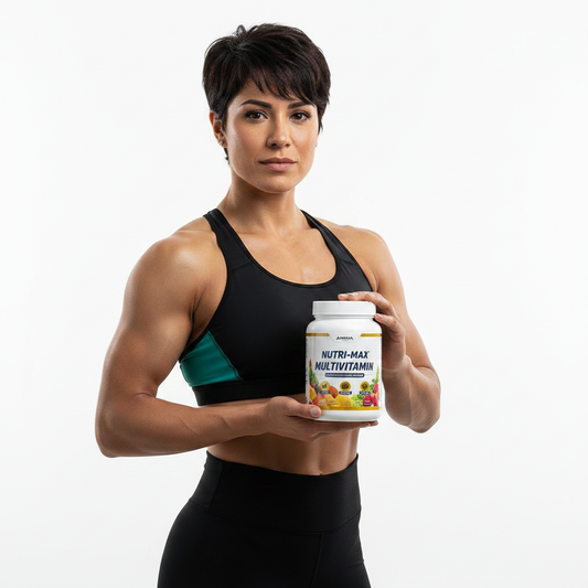 Atleta latina sosteniendo multivitamínicos para deportistas, suplementos de vitaminas y minerales, nutrición deportiva premium México