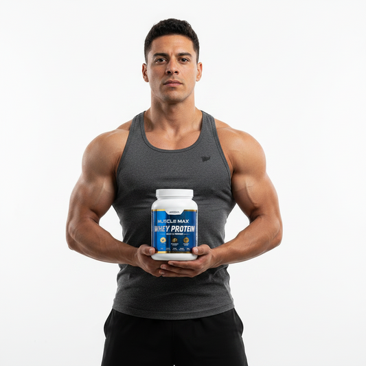 Atleta latino musculoso sosteniendo suplemento de proteína para ganar masa muscular, nutrición deportiva premium México