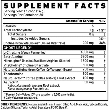 Tabla de información nutrimental Ghost Legend Pre Workout - Ingredientes y dosis por porción